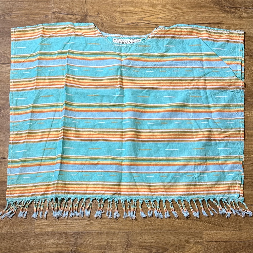 Ryan Michael Linen Blend Multicolor Striped Poncho with Fringe Size S/M